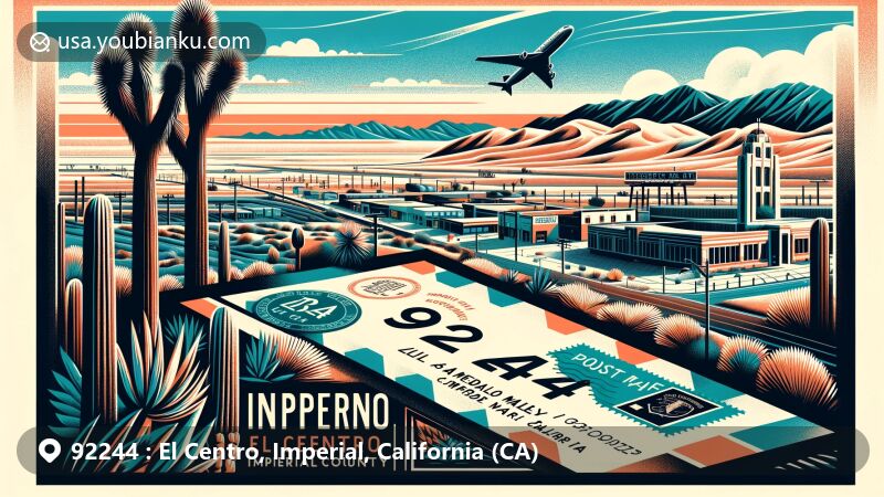 Modern illustration of El Centro, Imperial County, California, highlighting ZIP code 92244 and key landmarks including the Imperial Valley Desert Museum and Algodones Dunes.