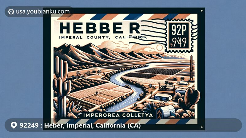 Modern illustration of Heber, Imperial County, California, showcasing postal theme with ZIP code 92249 and iconic symbols like the Colorado River, set in a desert landscape near the Mexican border.