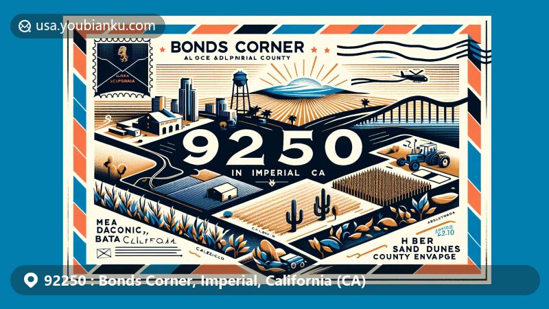 Modern illustration of Bonds Corner, Imperial County, California, inspired by ZIP code 92250, featuring Calexico border, agriculture, Heber Sand Dunes, and desert landscape.