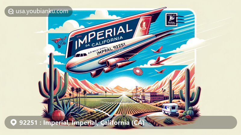Modern illustration of Imperial, California, showcasing desert landscape and agricultural significance with ZIP code 92251, featuring Colorado River influence and air mail envelope symbol.