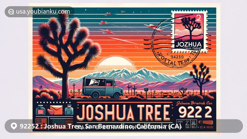 Modern illustration of Joshua Tree, San Bernardino County, California, highlighting desert landscapes, iconic Joshua trees, and mountain views, with vintage airmail envelope, postage stamp of Joshua Tree National Park, postmark 'Joshua Tree, CA 92252,' and mail truck.