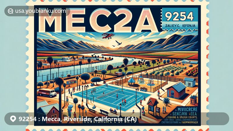 Vibrant illustration of the Mecca area in Riverside County, California, featuring Mecca Regional Sports Park, Salton Sea, farm fields, and local mountains, framed as a modern postcard with ZIP code 92254.