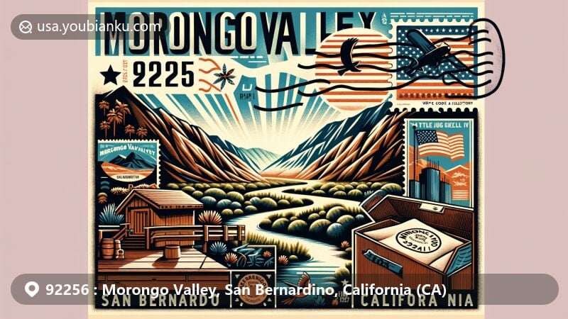 Modern illustration of Morongo Valley, San Bernardino County, California, featuring Little Morongo Canyon and California state symbols, with vintage postcard and postal elements for ZIP code 92256.