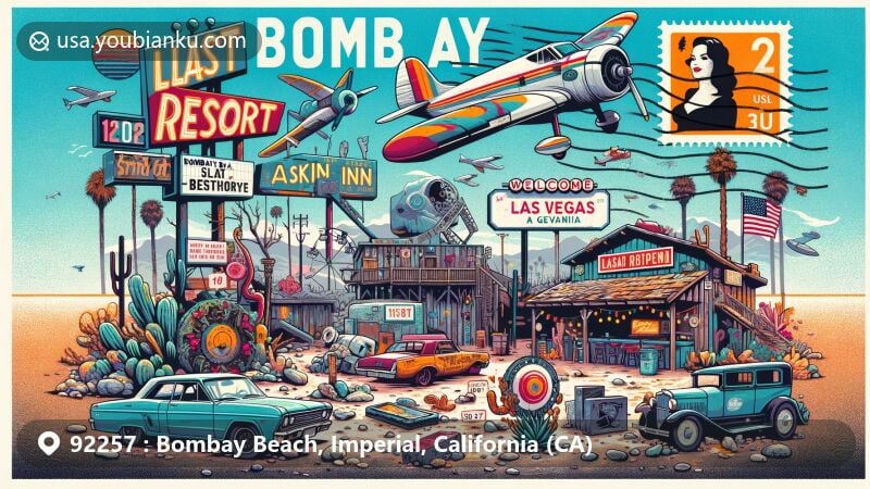 Modern illustration of Bombay Beach, California, featuring 'Last Resort' sign, Ski Inn bar, fish airplane sculpture, Bombay Beach Drive-in with vintage cars and VHS tapes, and ruins around Bombay Beach Marina, blended with postal theme elements like vintage postcard layout, California state flag stamp, and ZIP code 92257 postmark.