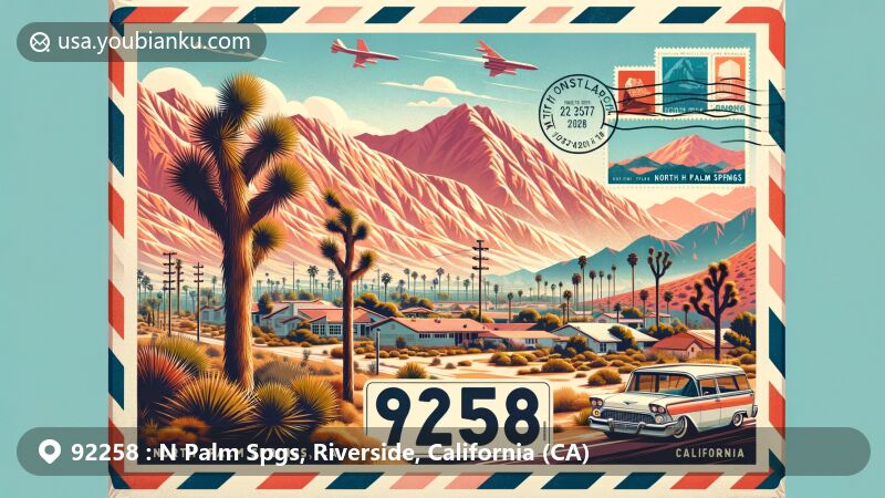 Modern illustration capturing the essence of North Palm Springs, California, showcasing iconic Joshua trees, rugged mountains, and a picturesque desert landscape with a stylized postal envelope and postcard embodying ZIP code 92258.