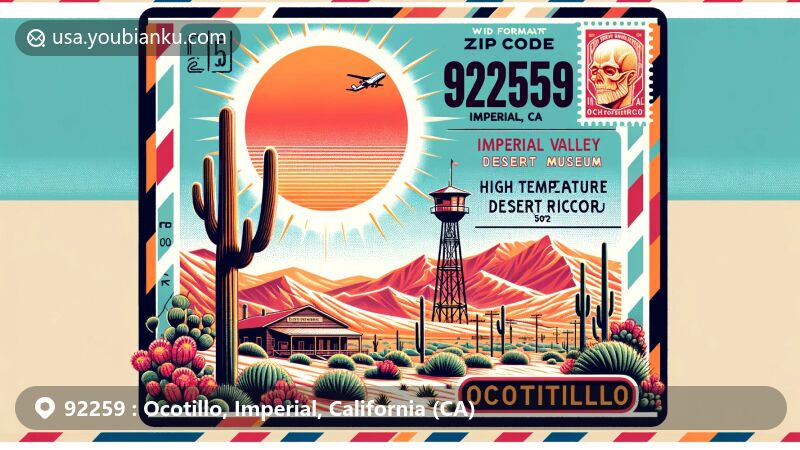 Modern illustration of Ocotillo in Imperial County, California, representing ZIP code 92259, showcasing desert climate with record high temperature of 122°F (50°C) and iconic Anza Borrego Desert View Tower.