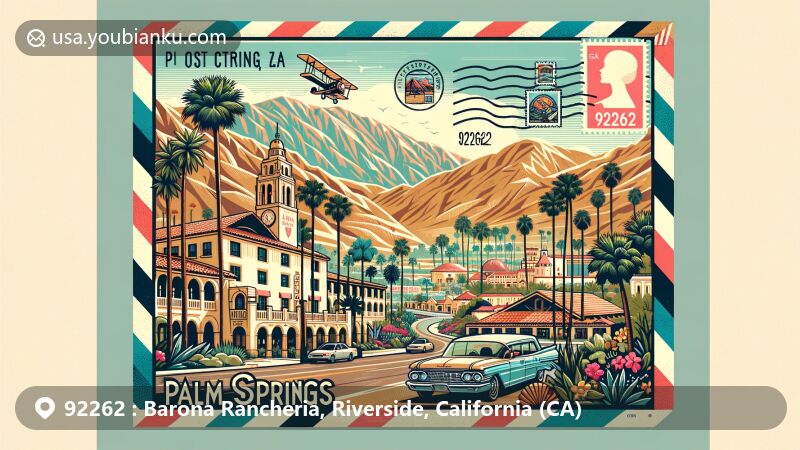 Modern illustration of Palm Springs, California, showcasing ZIP code 92262, featuring iconic landmarks like Mission Inn and palm trees, with postal elements including vintage air mail envelope and stamp with Palm Springs Aerial Tramway.