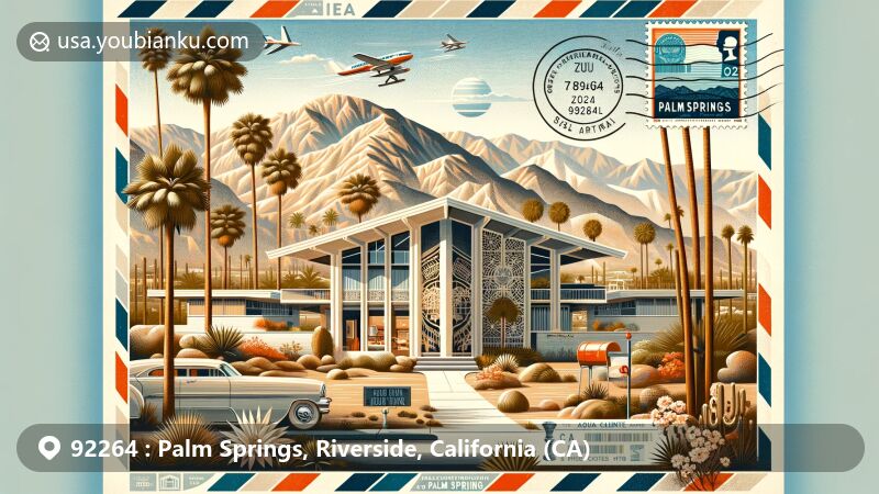 Modern illustration of Palm Springs, Riverside County, California, celebrating ZIP code 92264, featuring mid-century modern architecture, desert landscape, palm trees, San Jacinto Mountains, and vibrant arts scene.