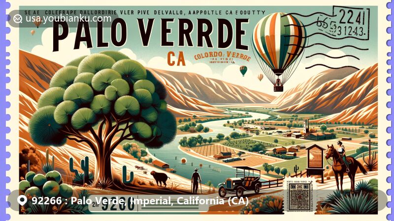 Modern illustration of Palo Verde, California, ZIP code 92266, featuring Colorado River Valley, Palo Verde tree, hot air balloon rides, and agriculture activities.