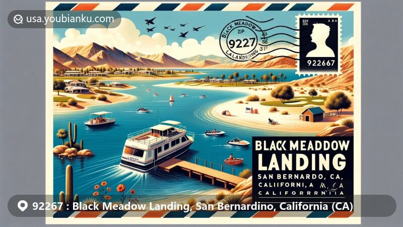 Modern illustration of Black Meadow Landing area in San Bernardino County, California, showcasing postal theme with ZIP code 92267, featuring Lake Havasu and desert recreational activities like boating, fishing, and RV camping.