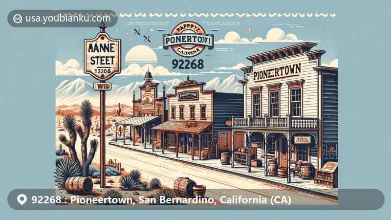 Artistic illustration of Pioneertown, San Bernardino, California, with 1880s western theme, featuring iconic elements like western-style buildings, Pappy & Harriet's facade, pottery studio, saloon, and general store, set against desert landscape with Joshua trees and mountains.