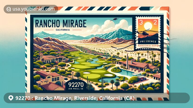 Modern illustration of Rancho Mirage, California, showcasing postal theme with ZIP code 92270, featuring lush golf courses, luxury resorts, Sunnylands estate, and Agua Caliente Casino Resort Spa.