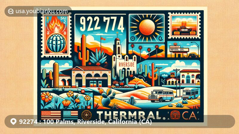 Modern illustration of Thermal, California, featuring postal theme with ZIP code 92274, showcasing desert climate, local landmarks, and Riverside icons.