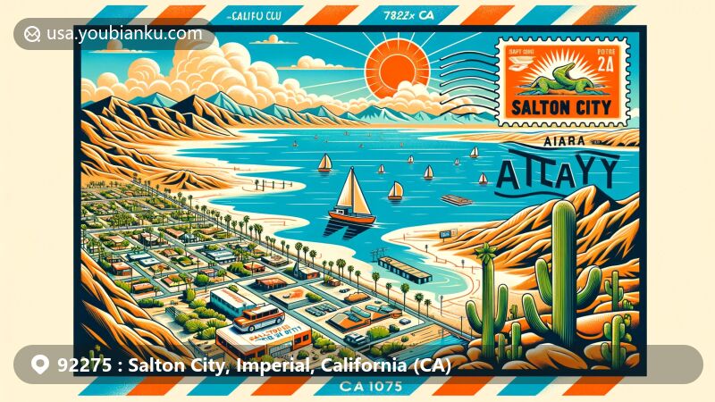 Modern illustration of Salton City, California, showcasing postcard envelope with symbols of palm trees, sun, and mountains against desert backdrop, featuring Salton Sea stamp and postal theme.