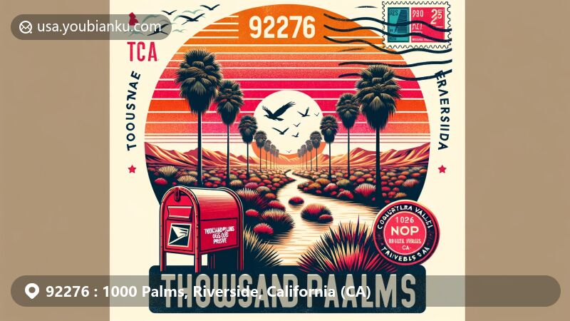 Modern illustration of Thousand Palms, Riverside County, California, featuring natural beauty of Thousand Palms Oasis Preserve with lush palm trees and desert scenery, postal elements including vintage airmail envelope with '92276' ZIP code, classic red mailbox, and 'Thousand Palms, CA' postmark, set against vibrant desert sunset backdrop with silhouette of Coachella Valley Firebirds.