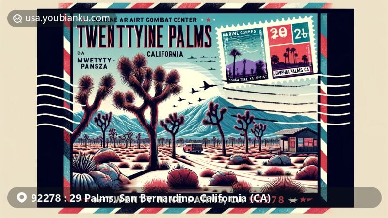 Modern illustration of Twentynine Palms, California, highlighting Joshua Tree National Park, Marine Corps Air Ground Combat Center, and postal theme with ZIP code 92278.