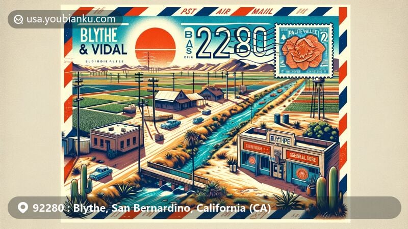 Modern illustration of Blythe and Vidal, zip code 92280, in California, featuring the prehistoric Blythe Intaglios, abandoned gas stations, and postcard design with postal elements.
