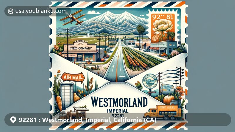 Modern illustration of Westmorland, Imperial, California, showcasing agriculture and small-town charm, featuring State Route 86, Sierra Nevada Mountains, Salton Sea, and an air mail envelope with postal elements.