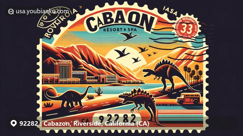 Modern illustration of Cabazon, Riverside County, California, showcasing postal theme with ZIP code 92282, featuring Morongo Casino, Resort & Spa, and the iconic Cabazon Dinosaurs.