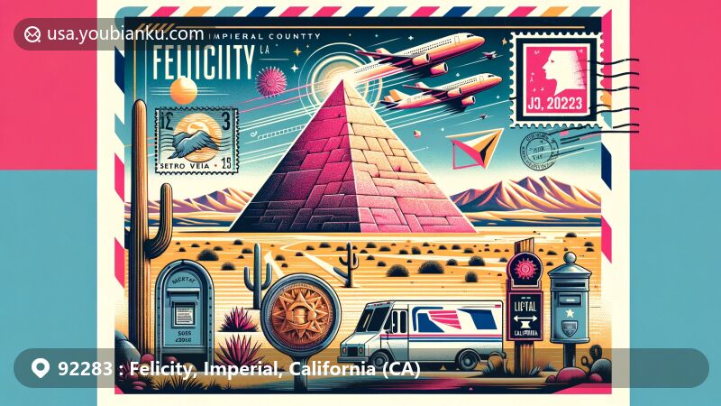 Modern illustration of Felicity, California, featuring a 21-foot pink granite pyramid symbolizing the center of the world, set against Imperial County desert landscape and California state elements like the state flag, with a corner designed as a postcard with ZIP code '92283', creative postage stamp and postmark effect, and highlighting postal features like mailbox or mail van.