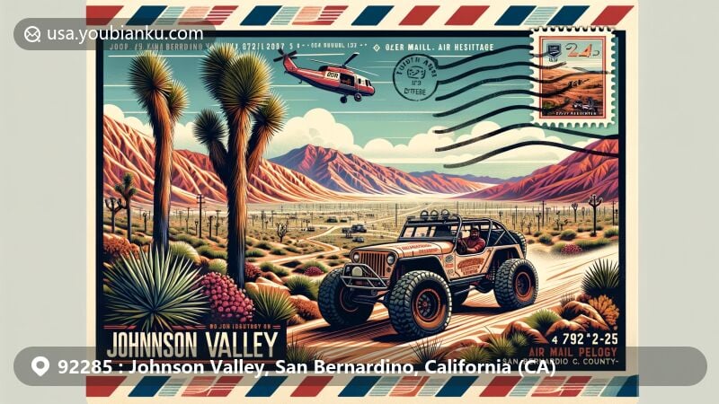 Modern illustration of Johnson Valley, San Bernardino, California, styled as an air mail envelope postcard, featuring Joshua Trees, rugged Johnson Valley OHV terrain, off-road vehicles for King of the Hammers, and desert landscape.