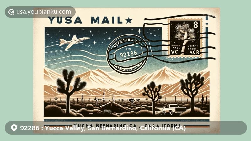 Modern illustration of Yucca Valley, San Bernardino County, California, postal-themed design with vintage air mail envelope featuring Joshua Tree National Park stamp and Little San Bernardino Mountains silhouette.