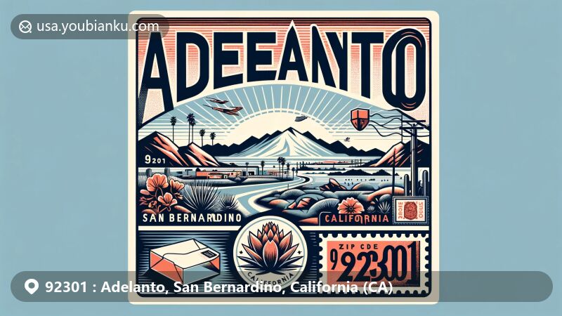 Creative illustration of Adelanto, California, representing ZIP code 92301, capturing the Mojave Desert landscape with desert vegetation, animals, and skies, along with local features and postal theme elements.