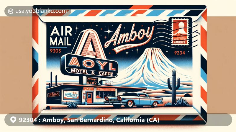 Modern illustration of Amboy, California featuring postal theme with ZIP code 92304, showcasing Roy's Motel and Café with iconic 1950s Googie style neon sign and Amboy Crater, a nearly perfect symmetrical volcanic cone, set against Mojave Desert landscape with sand dunes and sparse desert vegetation.