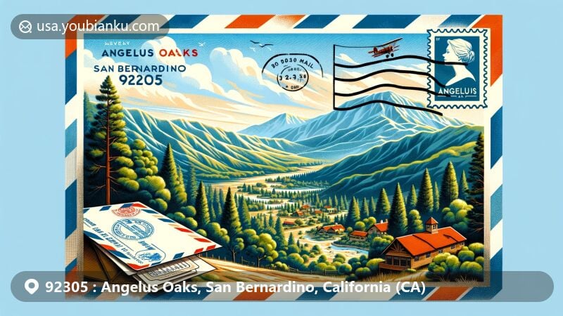 Modern illustration of Angelus Oaks, San Bernardino, California, featuring vintage air mail envelope with ZIP code 92305, showcasing San Bernardino National Forest and San Gorgonio Mountain.