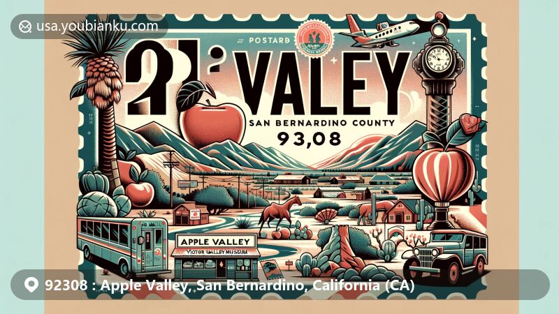 Modern illustration of Apple Valley, San Bernardino County, California, representing ZIP code 92308, showcasing Mojave Desert beauty, Native American heritage, and apple orchards, featuring Victor Valley Museum and postal theme.