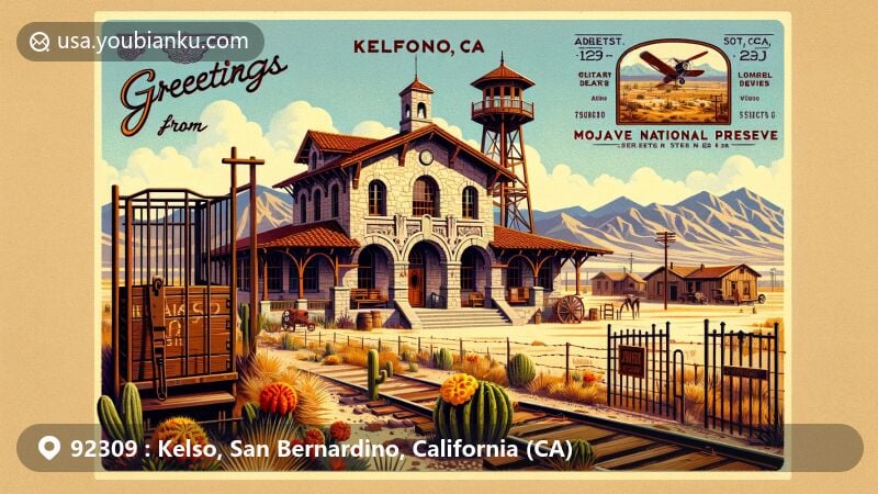 Modern illustration of Kelso area, San Bernardino County, California, featuring historic Kelso Depot in Mojave National Preserve, Kelso Dunes, strap-iron jail cell, and vintage postcard design.