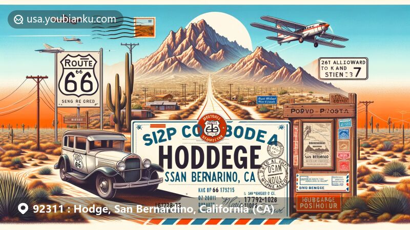 Creative illustration of Hodge, San Bernardino County, California, linked to ZIP code 92311, showcasing Route 66's history, desert landscape, old sign, and Arrowhead landmark.