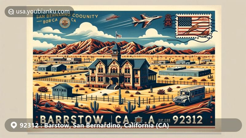Modern illustration of Barstow, California, ZIP code 92312, showcasing Mojave Desert landscape, historic Harvey House, Old Spanish Trail, and Marine Corps Logistics Base.