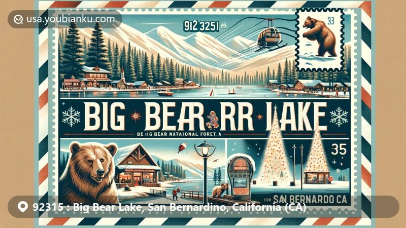 Modern illustration of Big Bear Lake, San Bernardino County, California, showcasing winter activities like skiing at Snow Summit, the Village at Big Bear Lake with its Christmas Tree, and outdoor pursuits like hiking and fishing. Features postcard design with postal elements and the San Bernardino National Forest in the background.
