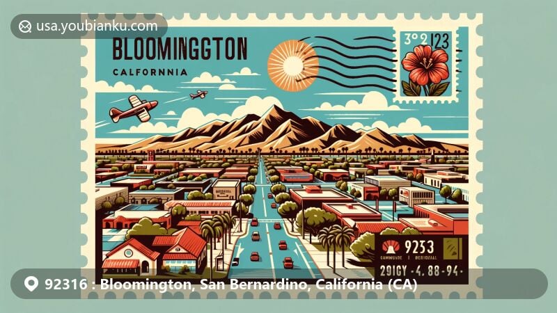 Modern illustration of Bloomington, California, showcasing warm climate and San Bernardino mountains, with postal theme featuring vintage postcard, map, postal stamp, mailbox, and delivery van.