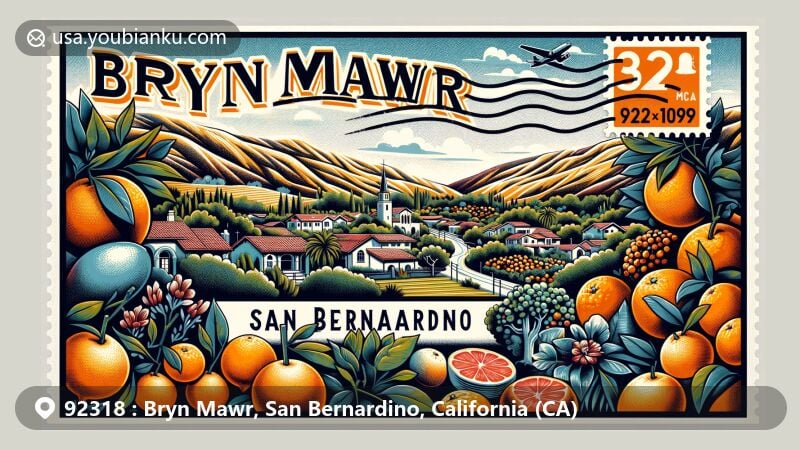 Modern illustration of Bryn Mawr, San Bernardino, California, with postal theme featuring San Bernardino de Sena Estancia and citrus industry motifs, including ZIP Code 92318.