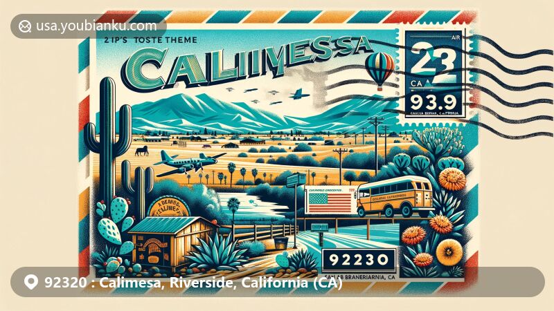 Modern illustration of Calimesa, California, highlighting rustic charm and suburban living in the United States.