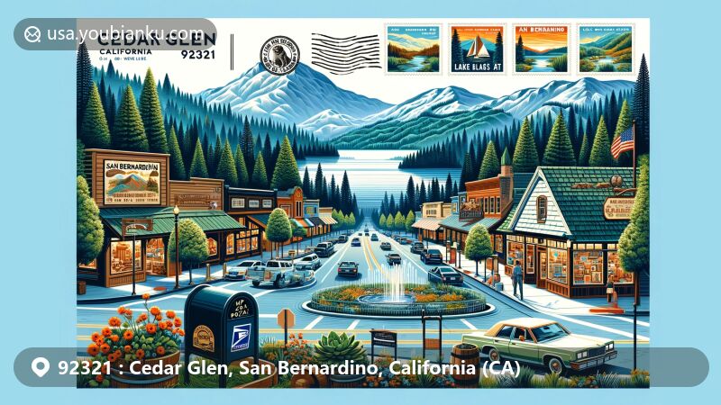 Modern illustration of Cedar Glen, California, showcasing natural beauty and local culture with San Bernardino National Forest, Lake Arrowhead, and Cedar Glen Shopping Center, capturing the town's history and charm.