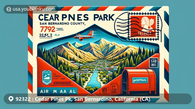 Modern illustration of Cedar Pines Park, San Bernardino County, California, depicting ZIP code 92322 with air mail envelope design and detailed map of the park's geographical features.