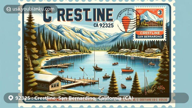 Modern illustration of Crestline, California, featuring ZIP code 92325 and Lake Gregory with recreational activities like fishing, boating, and hiking, set against the backdrop of San Bernardino Mountains.