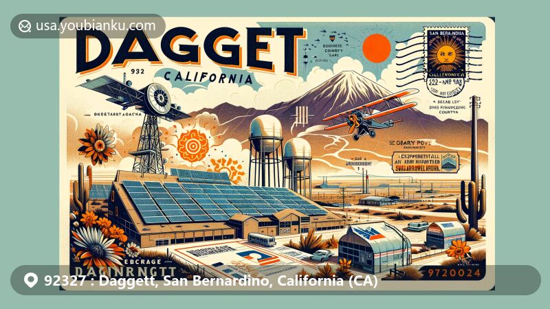 Unique illustration of Daggett, California, for ZIP code 92327, featuring Solar Two solar power plant, aviation stamp, vintage airmail design, and San Bernardino County desert landscape, merging historical and modern elements with California state flag.