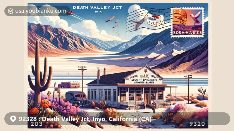 Modern illustration of Death Valley Jct, Inyo, California, capturing iconic landscapes like Mesquite Flat Sand Dunes and Badwater Basin, featuring Amargosa Opera House and Marta Becket's artistic legacy.