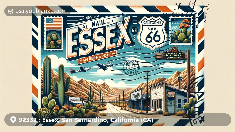 Modern illustration of Essex, San Bernardino, California, showcasing vintage air mail envelope with Route 66 sign, Mojave Desert scenery, California state flag, and Mitchell Caverns entrance.