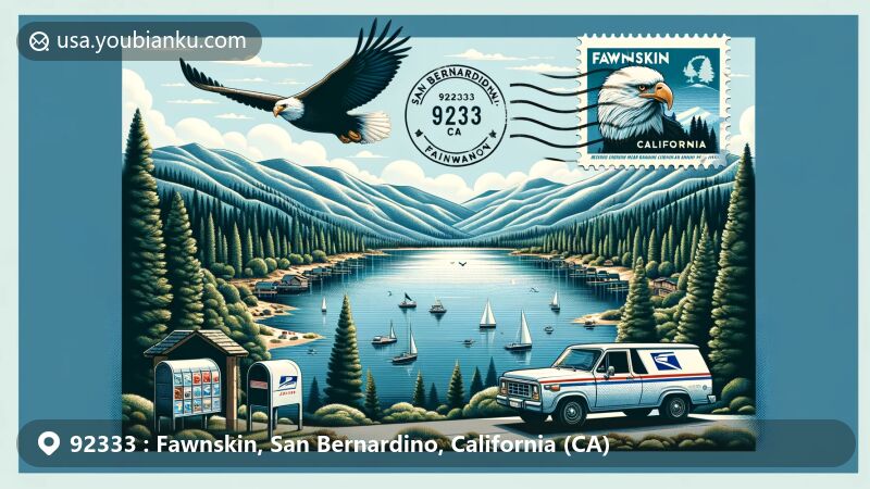 Modern illustration of Fawnskin, San Bernardino County, California, focusing on Big Bear Lake's northern shore and surrounding San Bernardino National Forest, featuring stylized airmail envelope with Big Bear Lake scenery, lush forests, and soaring bald eagle. The envelope showcases a stamp depicting Fawnskin landmarks or symbols, alongside a postmark reading '92333 Fawnskin, CA'. In the background, faint outlines of several mountain ranges.