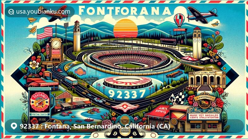 Modern illustration of Fontana, California, depicting Auto Club Speedway and surrounding attractions like Fontana Park, Mary Vagle Nature Center, Art Depot, and Tibbies Center Stage Theater.
