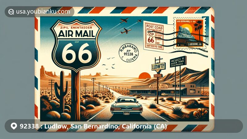 Modern illustration of Ludlow, San Bernardino, California (CA), featuring open airmail envelope with distinctive postal theme of ZIP code 92338, showcasing majestic Mojave Desert scenery. Inside envelope, postcard captures essence of Ludlow, including historic Route 66, remnants of Ludlow Cafe, and desolate charm of Mojave Desert. Illustration cleverly combines vast desert landscape, Route 66 iconic signage, and ghost town architecture, depicting postal and regional characteristics of Ludlow.