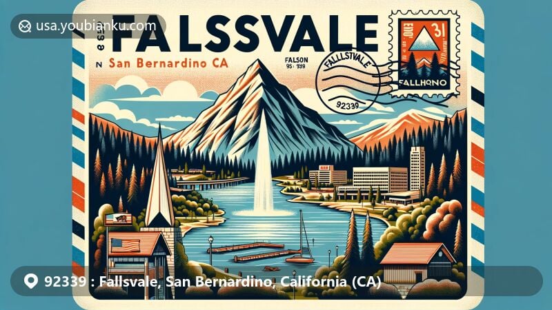 Modern postcard illustration of Fallsvale, San Bernardino County, California, with ZIP code 92339, highlighting Arrowhead landmark and Big Bear Lake.