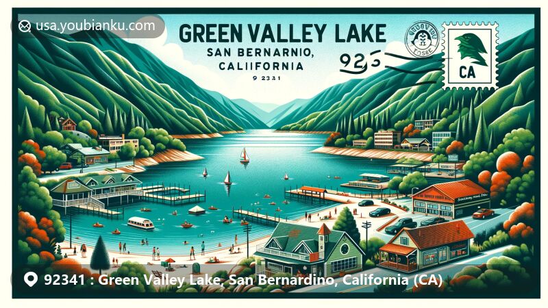 Modern illustration of Green Valley Lake, San Bernardino County, California, capturing the tranquil beauty of this resort community by showcasing the artificial lake, fishing spots, and beach swimming area.