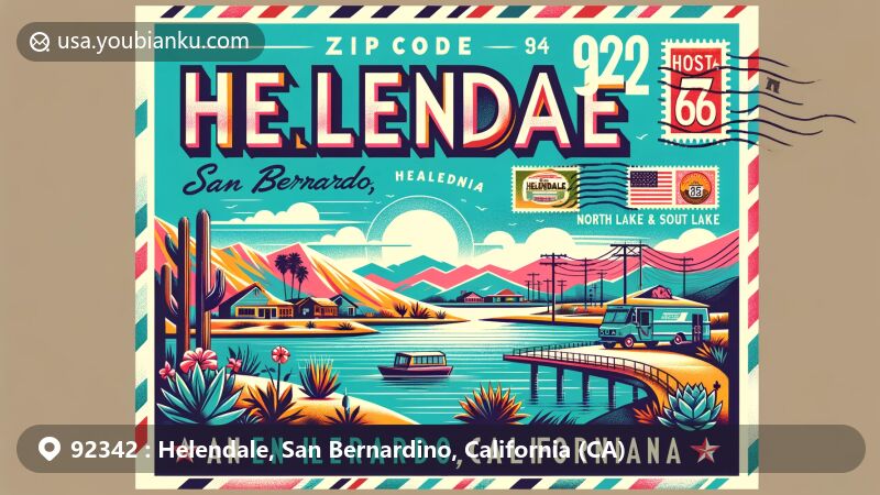 Modern illustration of Helendale, San Bernardino County, California, featuring iconic elements like Route 66, North Lake, South Lake, Silver Lakes community, vintage airmail envelope with California flag stamp, 'Helendale 92342' postal stamp, stylized representation of Mojave River, and contemporary postal element like mailbox or postal vehicle, emphasizing unique desert environment, historical railway heritage, and location in vast Mojave Desert.