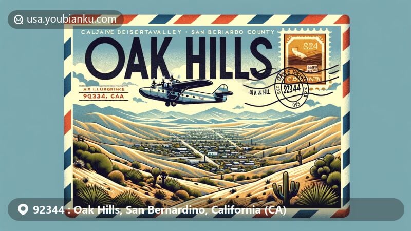 Modern illustration of Oak Hills, San Bernardino County, California, capturing regional features of Mojave Desert, airmail theme, and vintage aesthetics. Background showcases desert landscapes and rugged terrain, while foreground displays a vintage airmail envelope with ZIP Code 92344 visible.